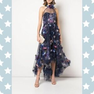 Marchesa Notte Short to Long 3D Floral Shirred Dress